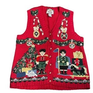 Vintage Tiara Women Womans Knit Christmas Sweater Vest Size Large Toy Soldiers